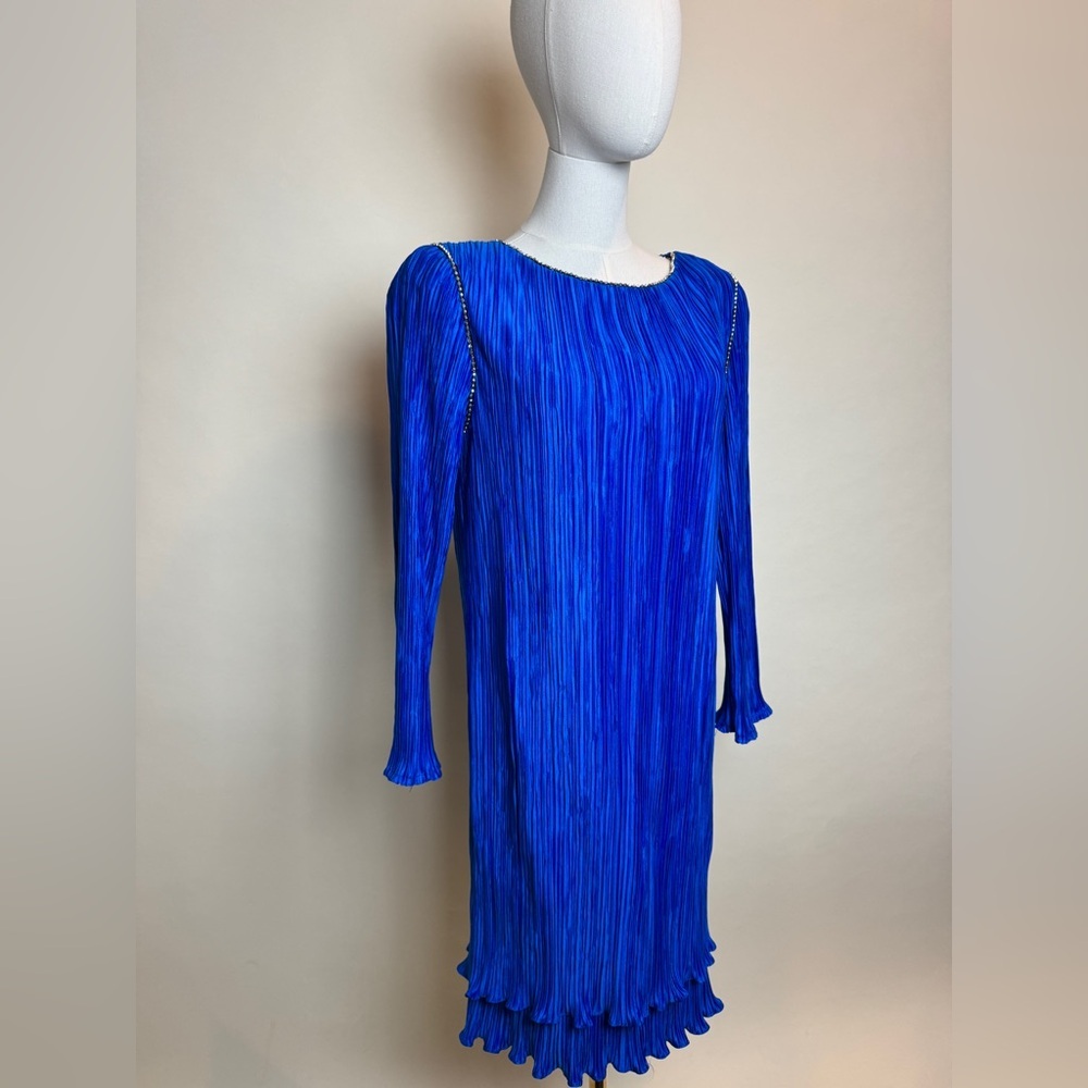 Vibrant Shocking Royal Blue Pleated 80s Vintage Dress